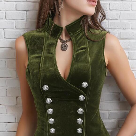 NEW Y2K Boho SZ S Velvet Green Military Double-Breast Button-Up Vintage Vest Top - Picture 3 of 8